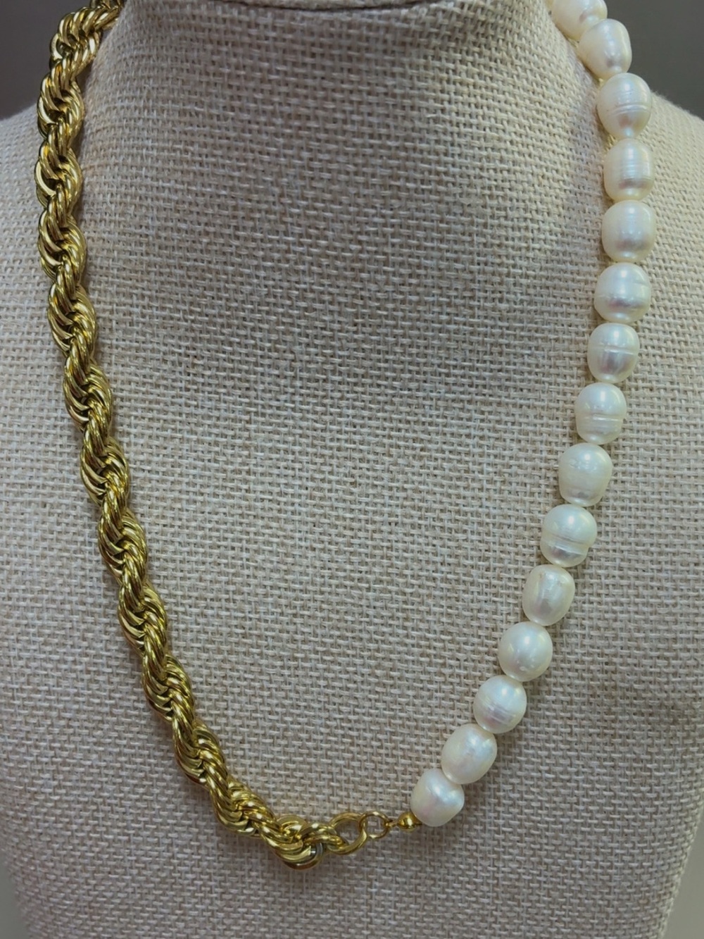 Gold Rope Chain and White Pearl Half-Bead Necklace